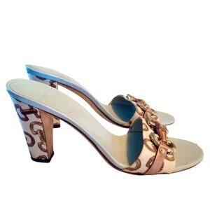Gucci Horsebite Bamboo Canvas GC Blue Beige & Brown Slide Heel Sandals,  Sz 7
